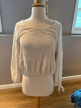 Aerie Casual Cream Pullover Top - Relaxed Long Sleeve, off the shoulder